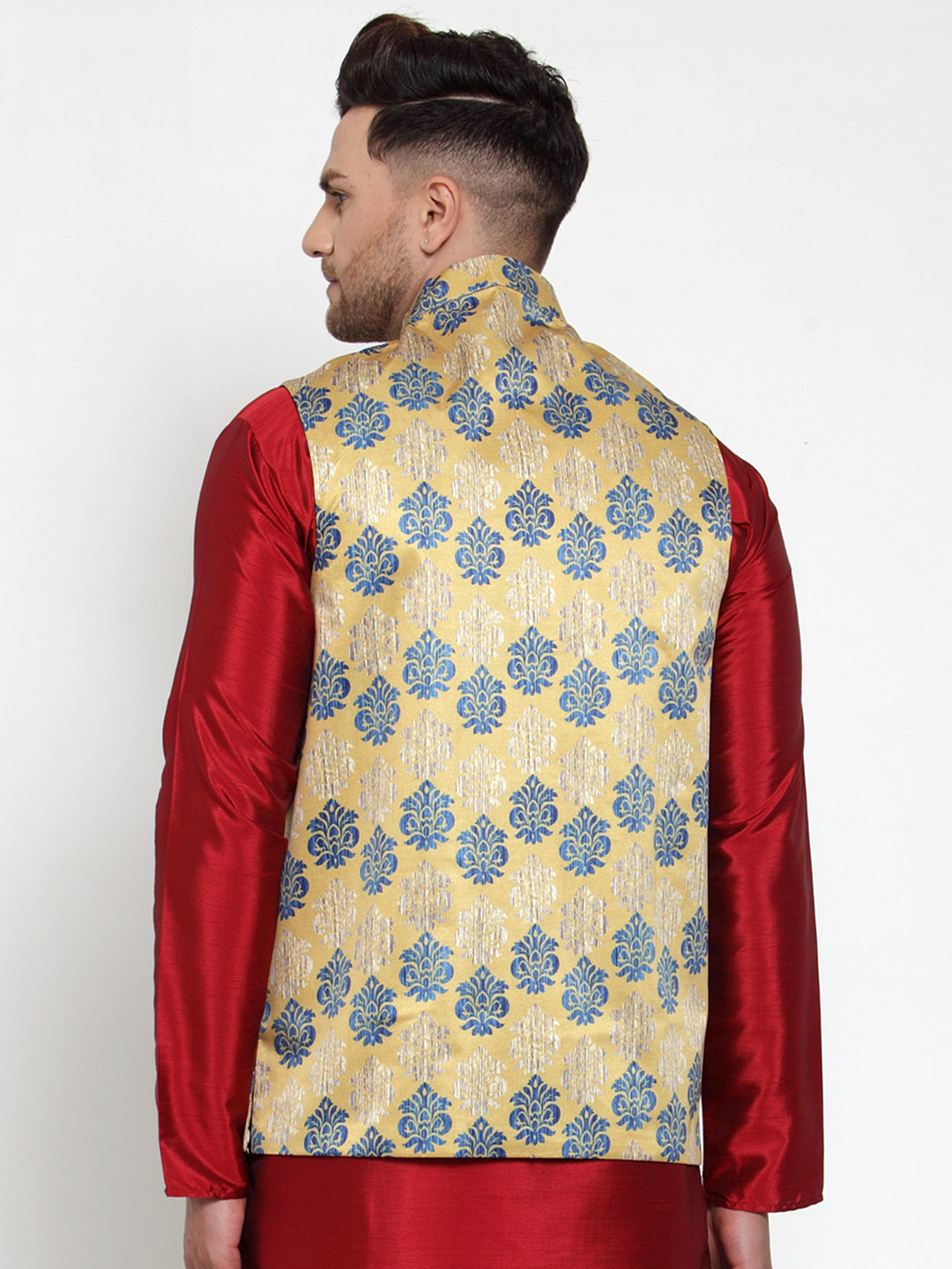 Jompers Men's Gold Printed Nehru Jacket | Grocsy