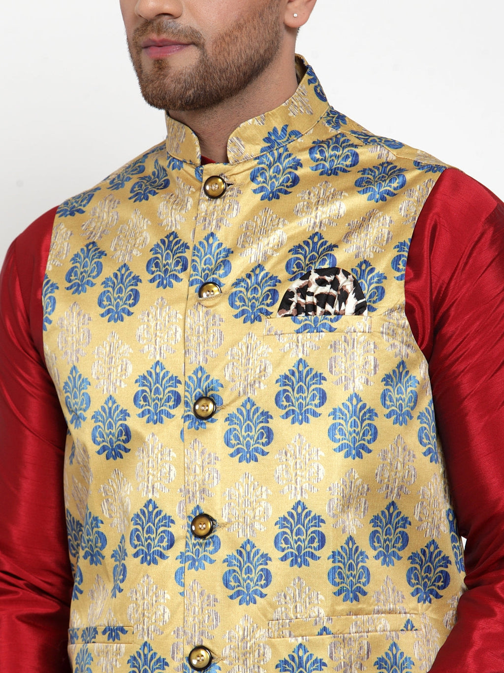 Jompers Men's Gold Printed Nehru Jacket | Grocsy