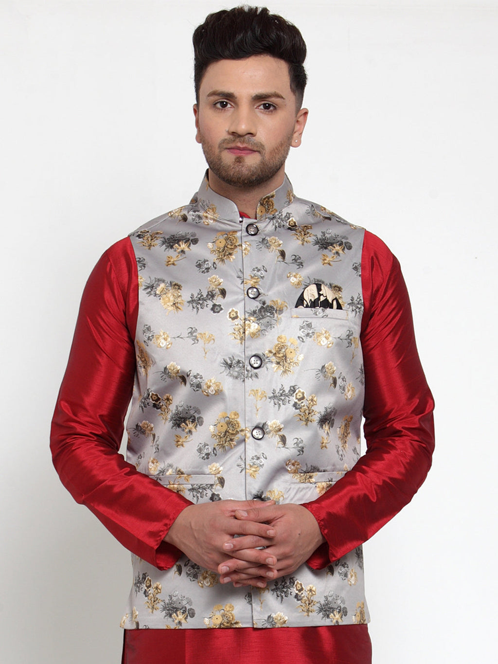 Jompers Men's Grey Printed Nehru Jacket | Grocsy