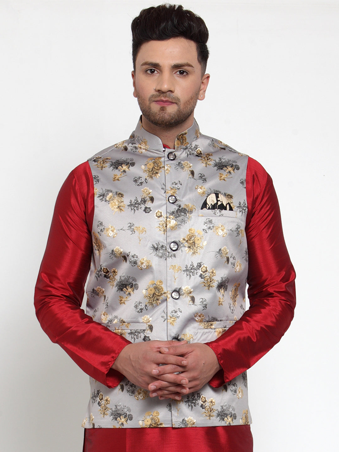 Jompers Men's Grey Printed Nehru Jacket | Grocsy