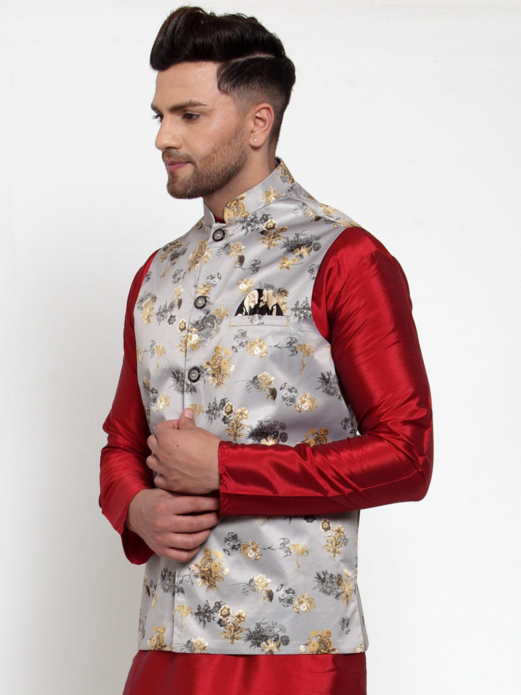 Jompers Men's Grey Printed Nehru Jacket | Grocsy
