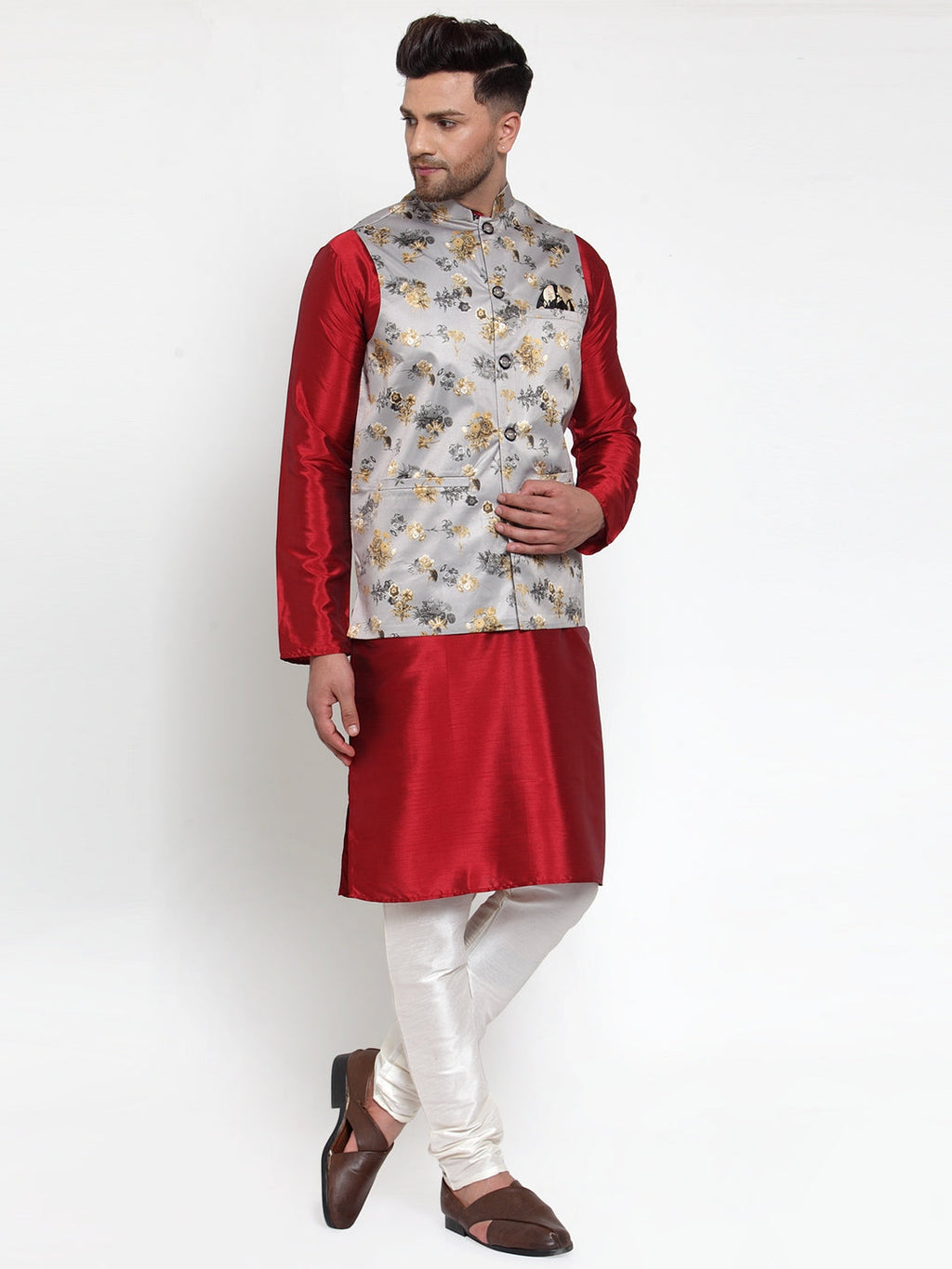 Jompers Men's Grey Printed Nehru Jacket | Grocsy