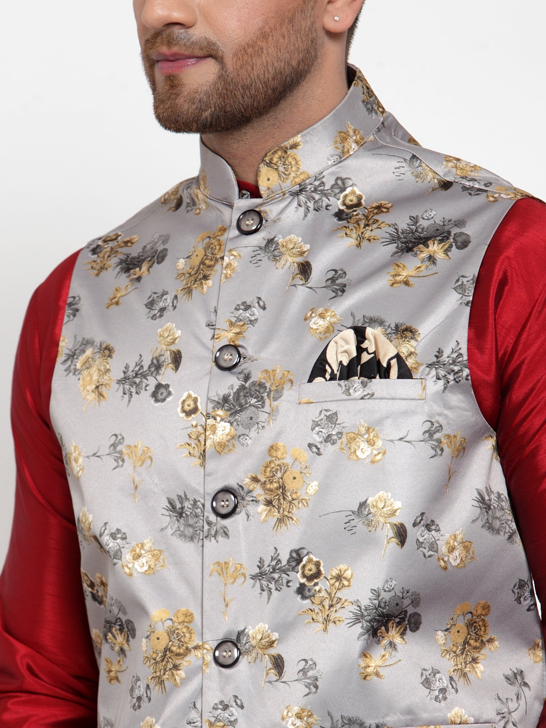Jompers Men's Grey Printed Nehru Jacket | Grocsy