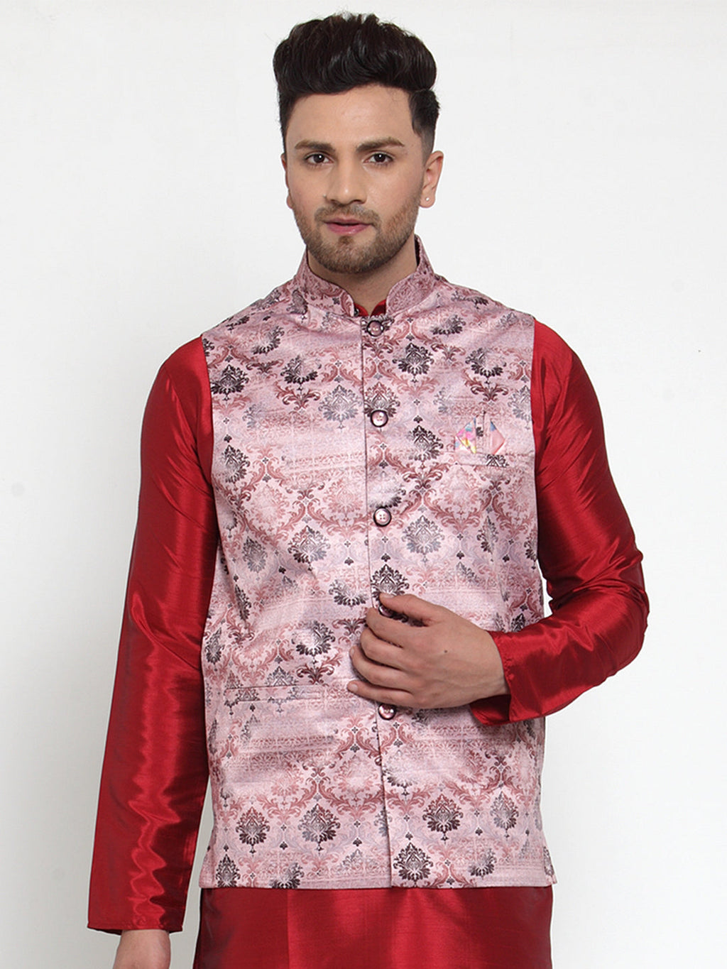 Jompers Men's Pink Printed Nehru Jacket | Grocsy