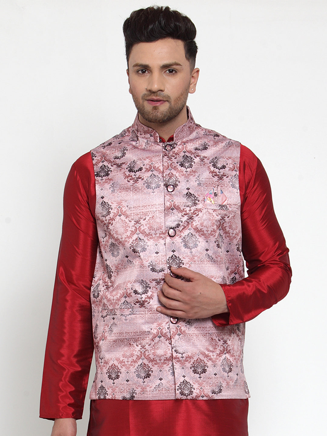 Jompers Men's Pink Printed Nehru Jacket | Grocsy