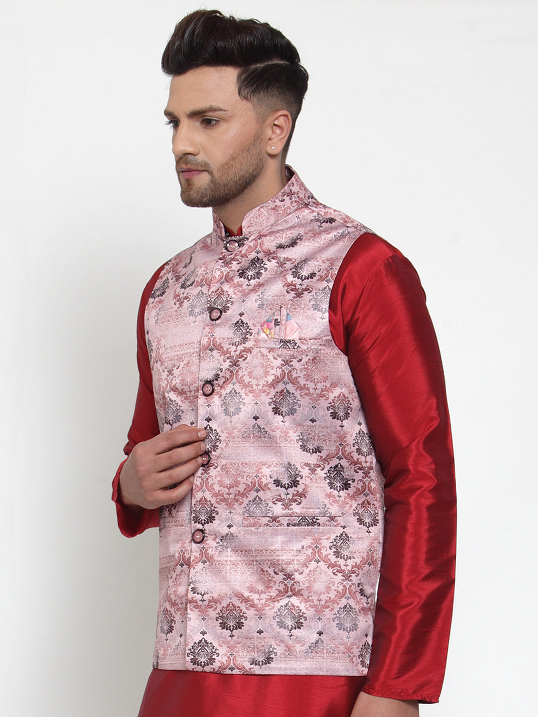 Jompers Men's Pink Printed Nehru Jacket | Grocsy