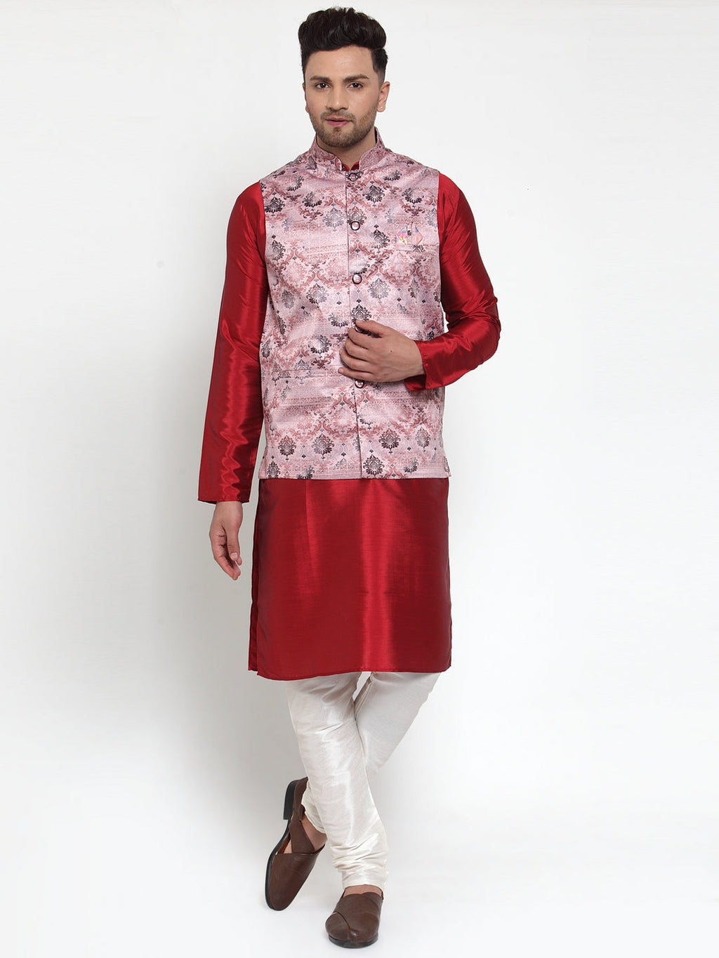 Jompers Men's Pink Printed Nehru Jacket | Grocsy