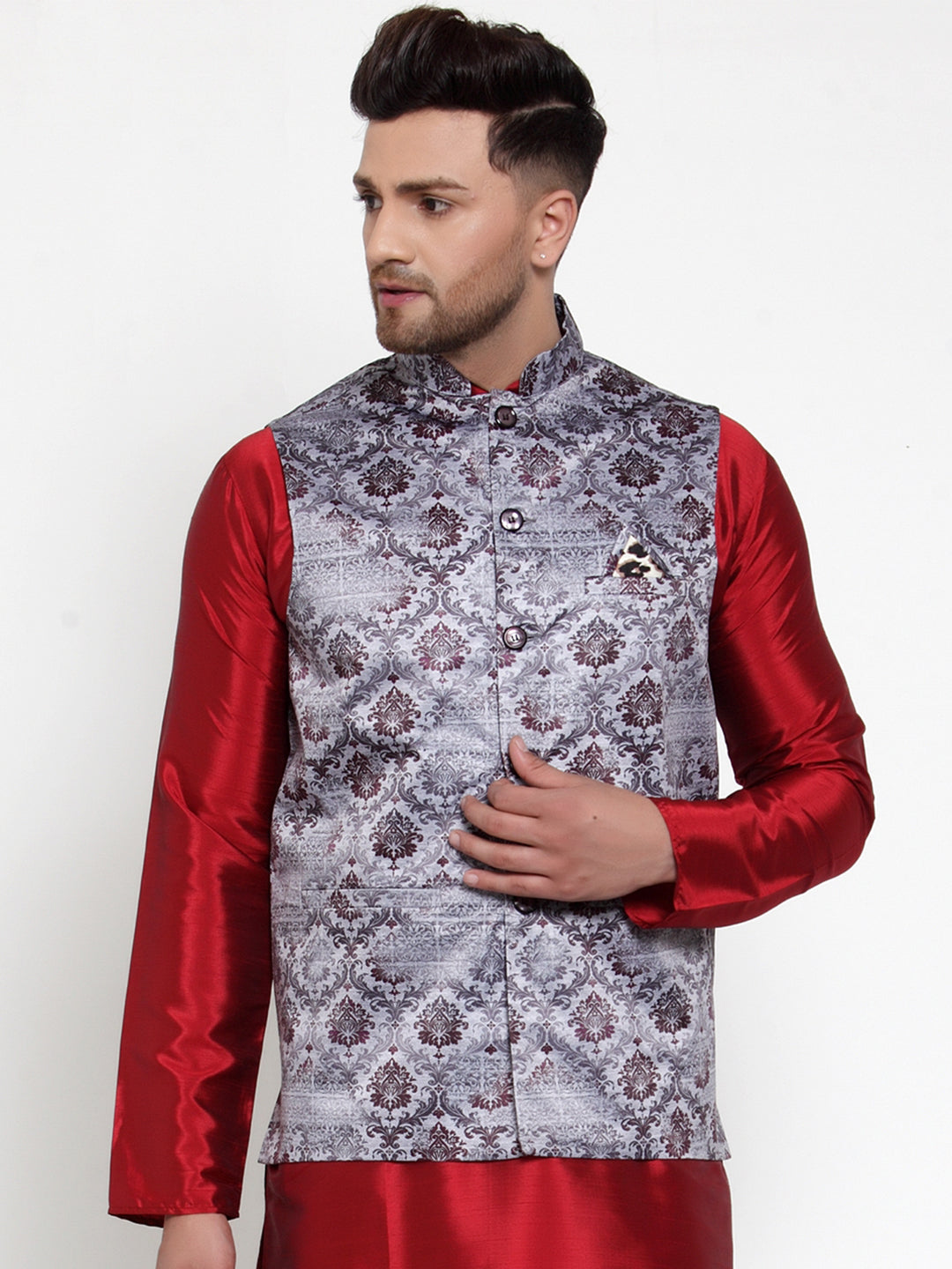 Jompers Men's Purple Printed Nehru Jacket | Grocsy