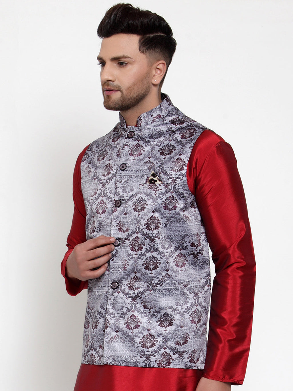Jompers Men's Purple Printed Nehru Jacket | Grocsy