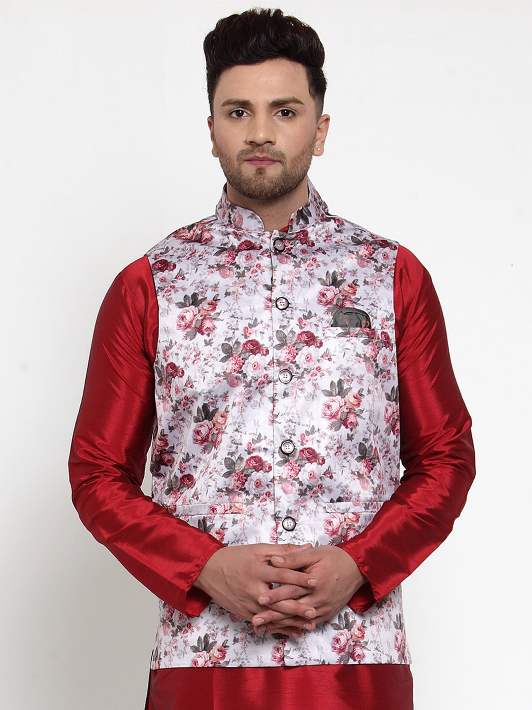 Jompers Men's Silver Printed Nehru Jacket | Grocsy