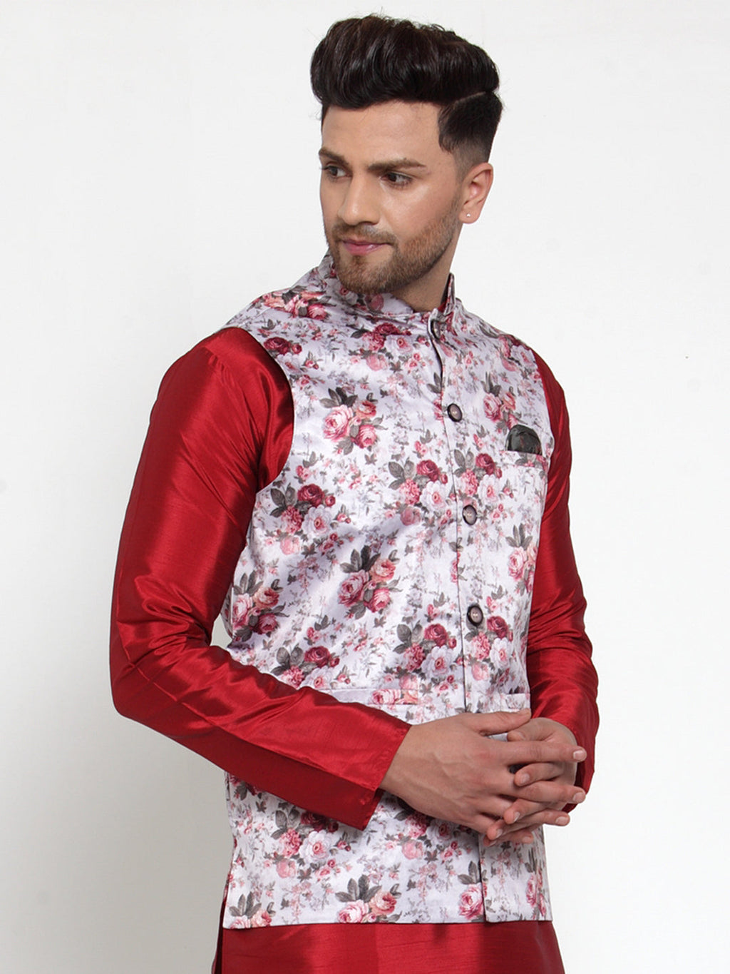 Jompers Men's Silver Printed Nehru Jacket | Grocsy