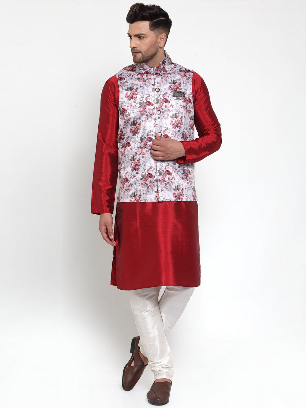 Jompers Men's Silver Printed Nehru Jacket | Grocsy