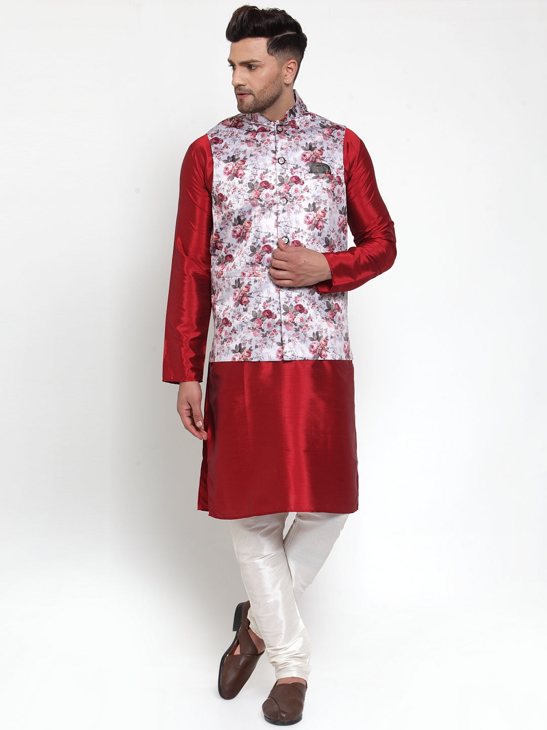 Jompers Men's Silver Printed Nehru Jacket | Grocsy