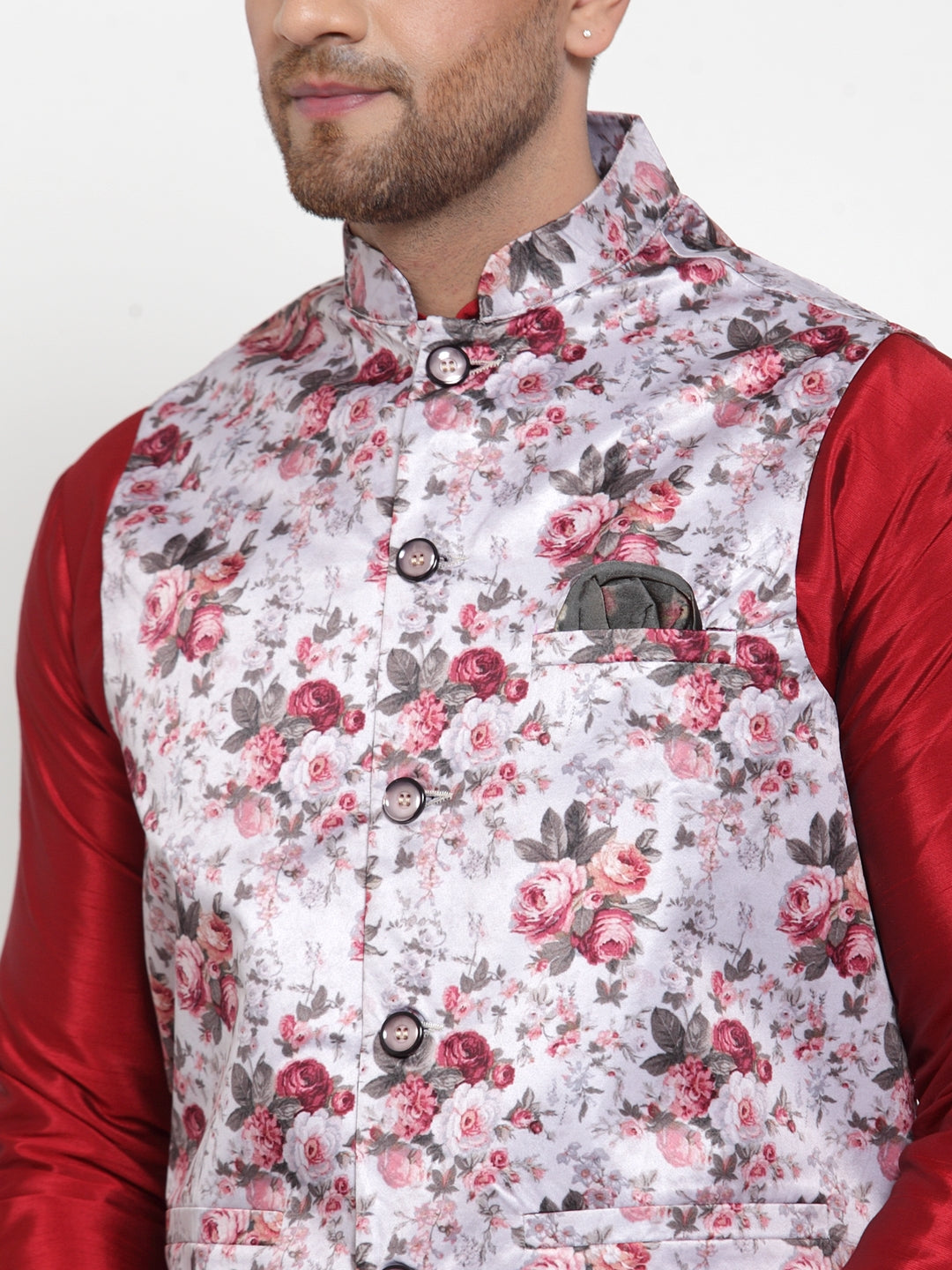 Jompers Men's Silver Printed Nehru Jacket | Grocsy