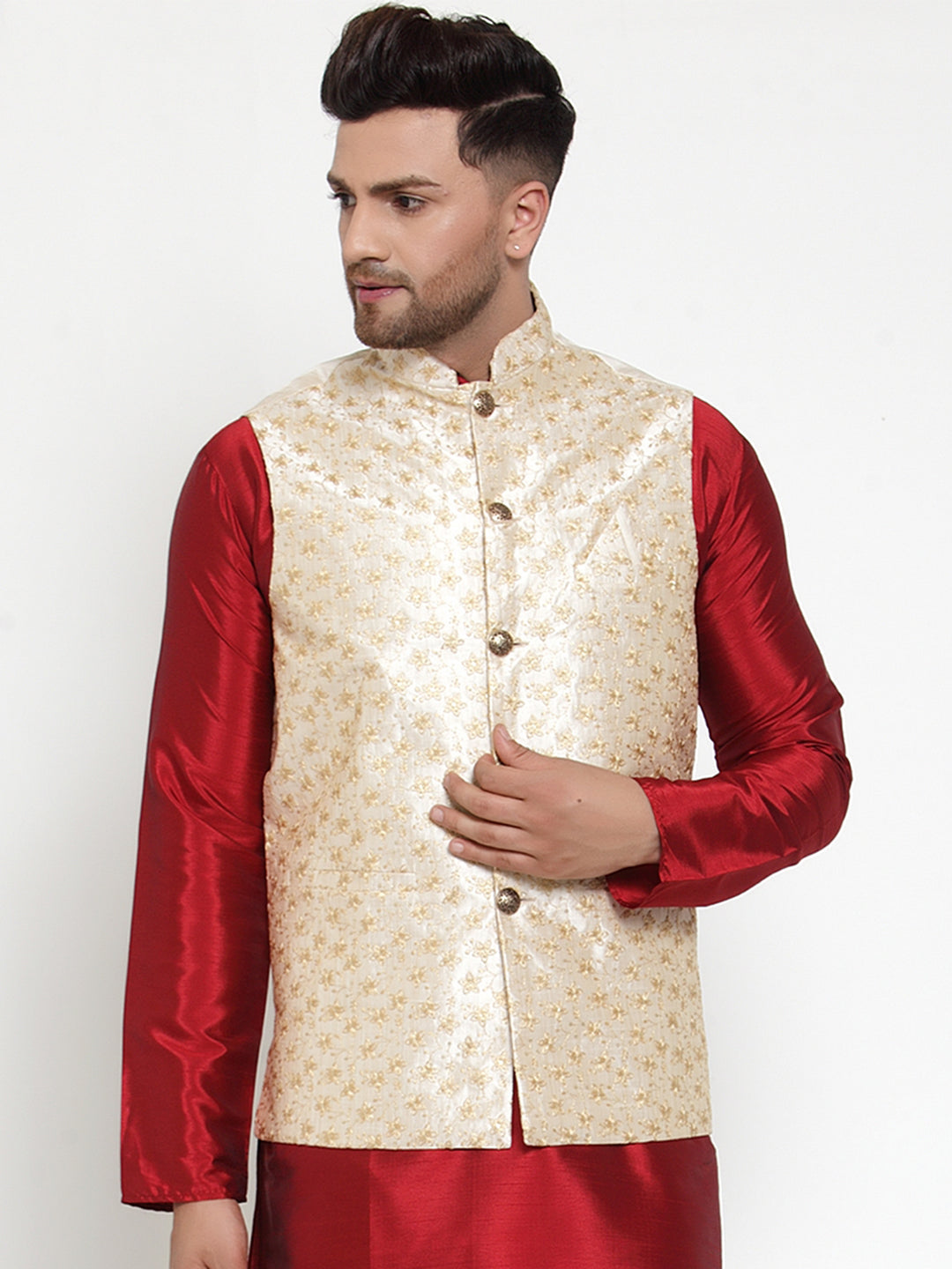 Jompers Men's Cream Embroidered Nehru Jacket | Grocsy