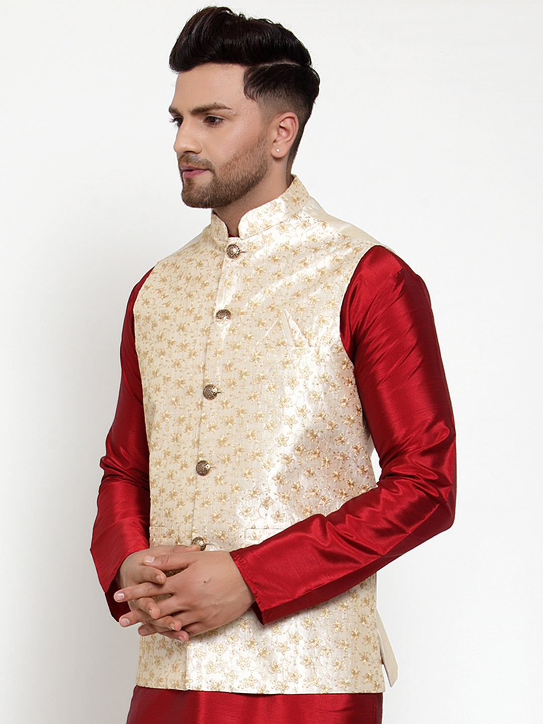 Jompers Men's Cream Embroidered Nehru Jacket | Grocsy