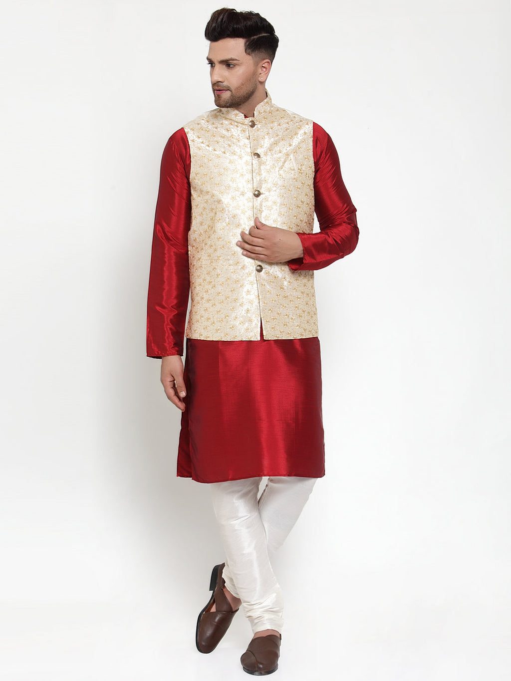 Jompers Men's Cream Embroidered Nehru Jacket | Grocsy