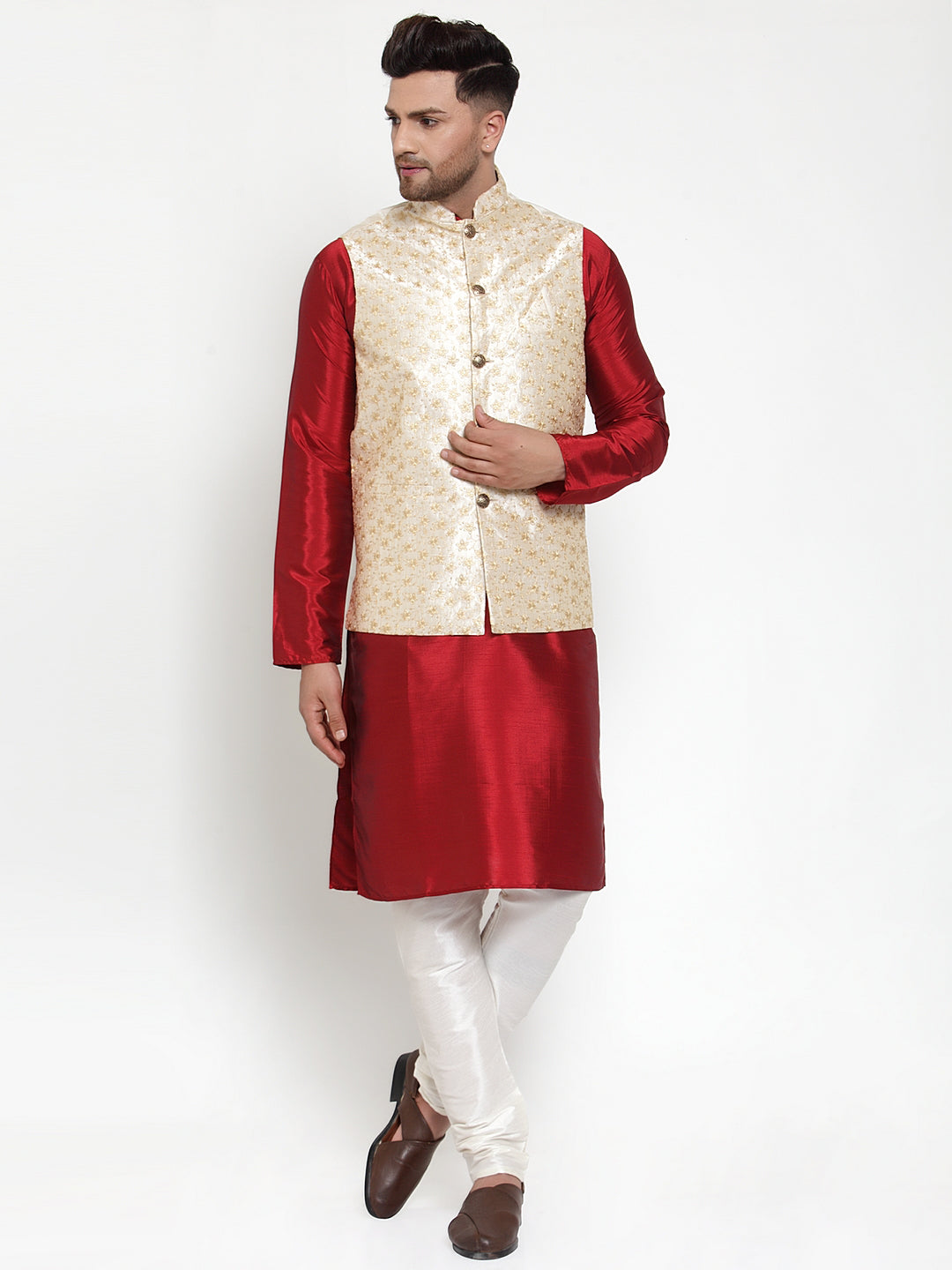 Jompers Men's Cream Embroidered Nehru Jacket | Grocsy