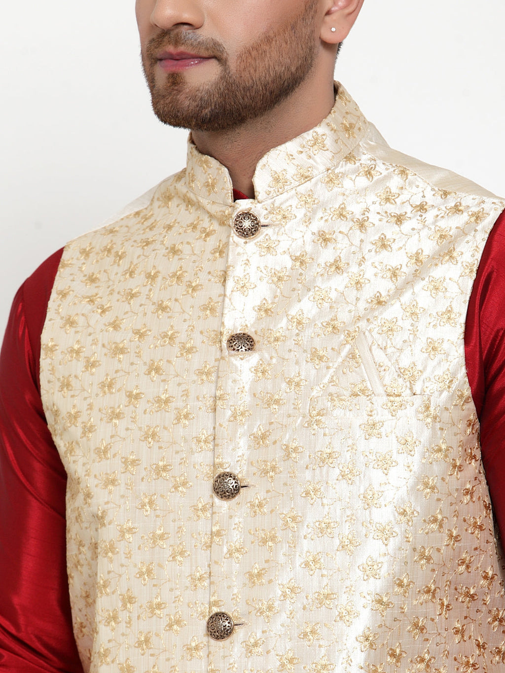 Jompers Men's Cream Embroidered Nehru Jacket | Grocsy