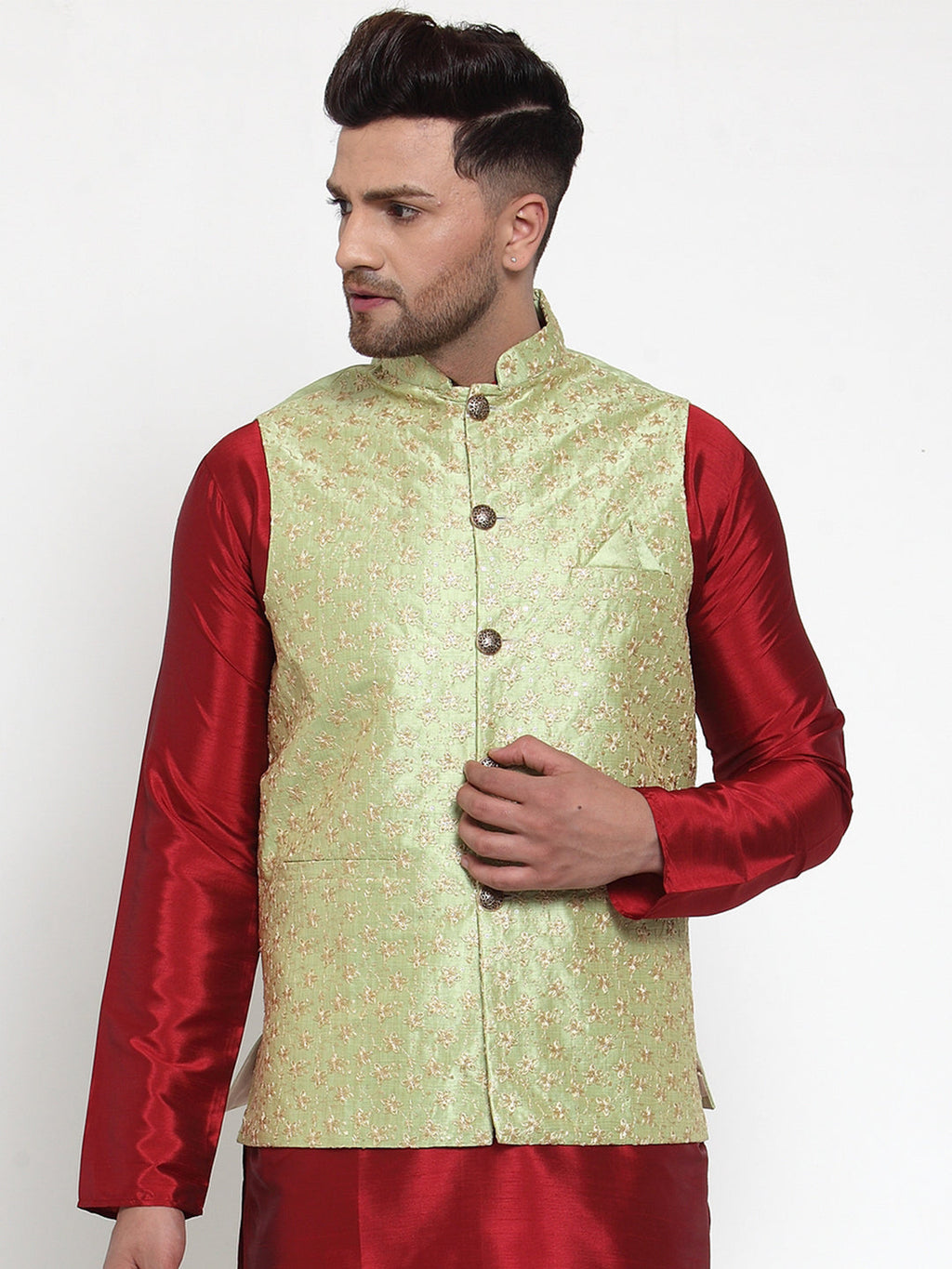 Jompers Men's Beautiful Green Embroidered Nehru Jacket | Grocsy