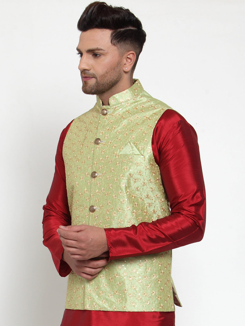 Jompers Men's Beautiful Green Embroidered Nehru Jacket | Grocsy