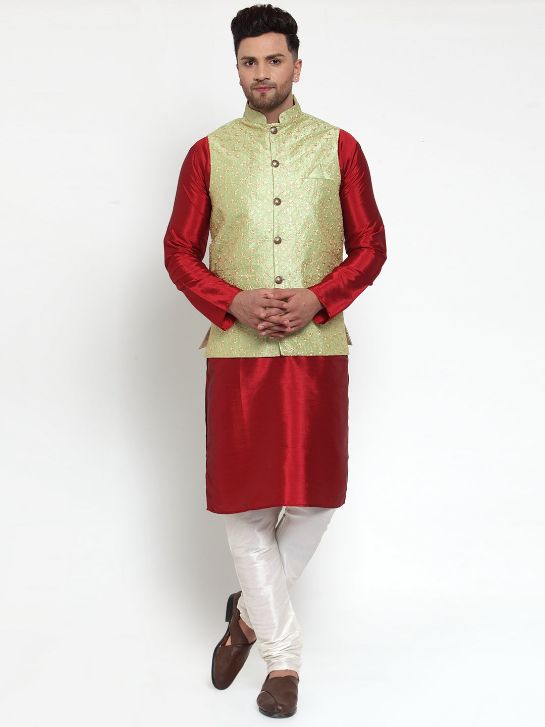 Jompers Men's Beautiful Green Embroidered Nehru Jacket | Grocsy