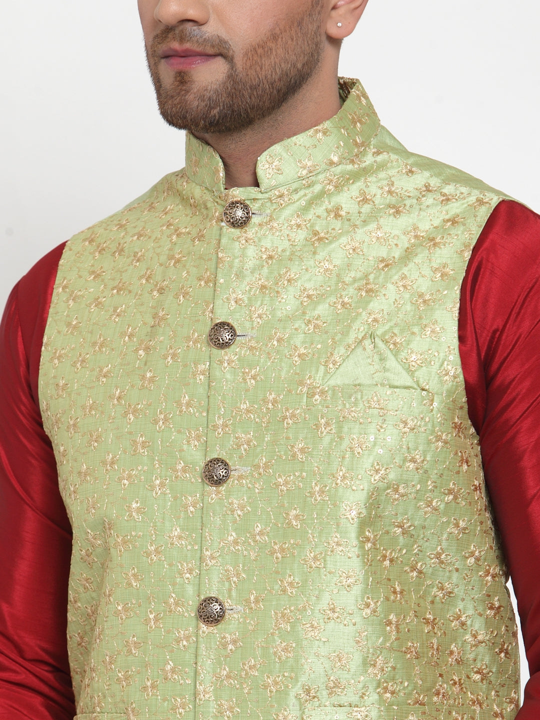 Jompers Men's Beautiful Green Embroidered Nehru Jacket | Grocsy