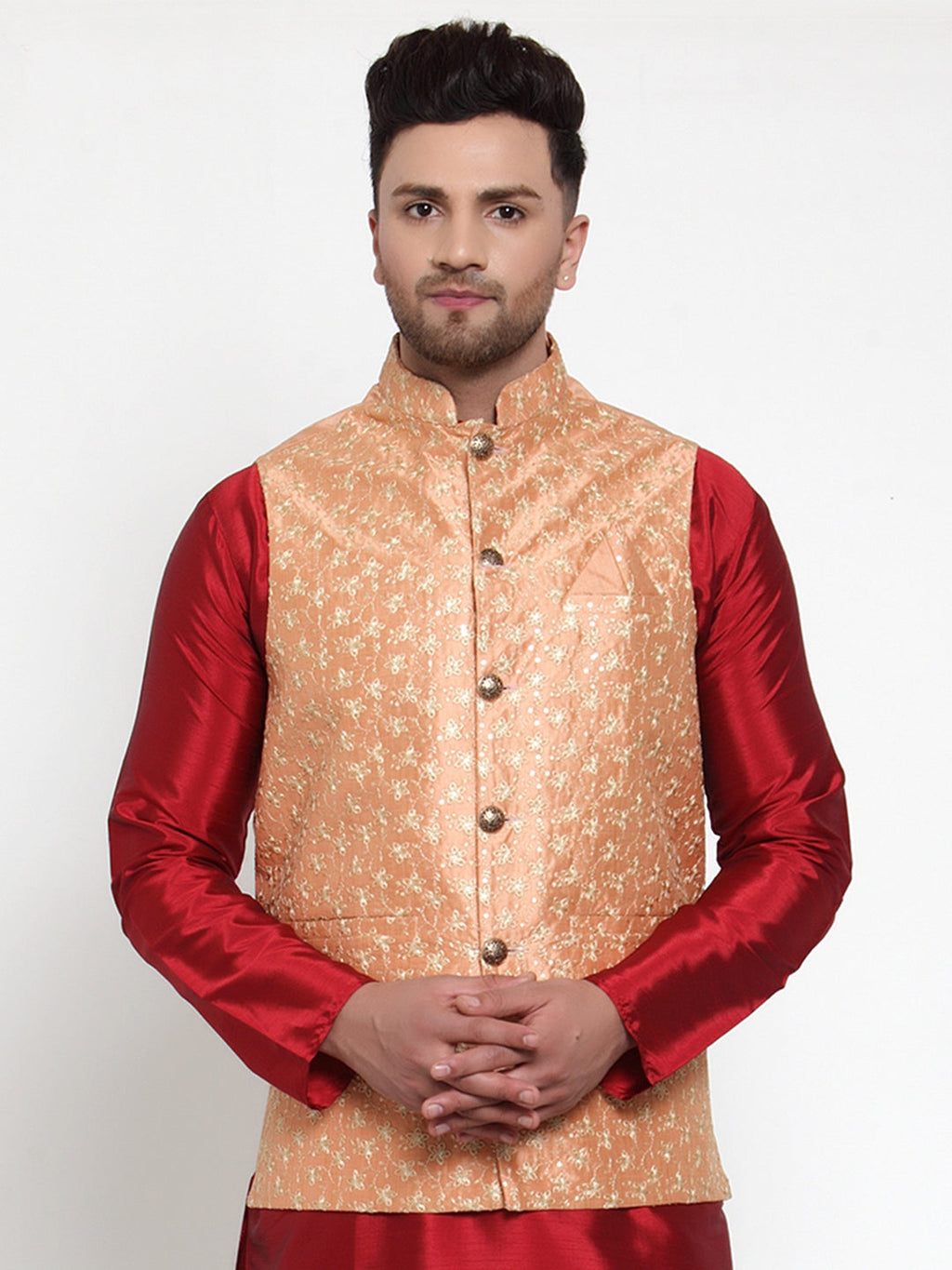 Jompers Men's Peach Embroidered Nehru Jacket | Grocsy
