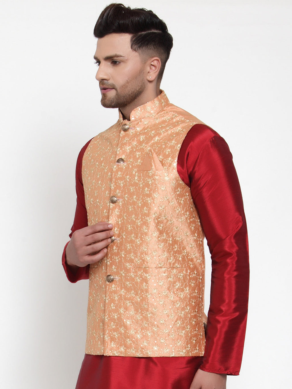 Jompers Men's Peach Embroidered Nehru Jacket | Grocsy