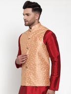 Jompers Men's Peach Embroidered Nehru Jacket | Grocsy