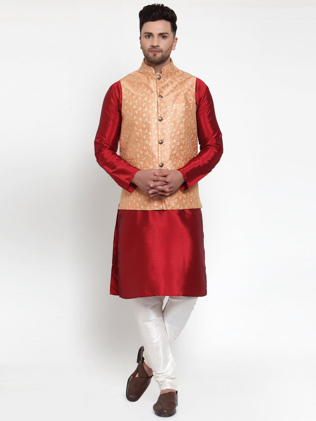 Jompers Men's Peach Embroidered Nehru Jacket | Grocsy