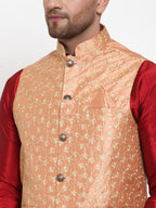 Jompers Men's Peach Embroidered Nehru Jacket | Grocsy
