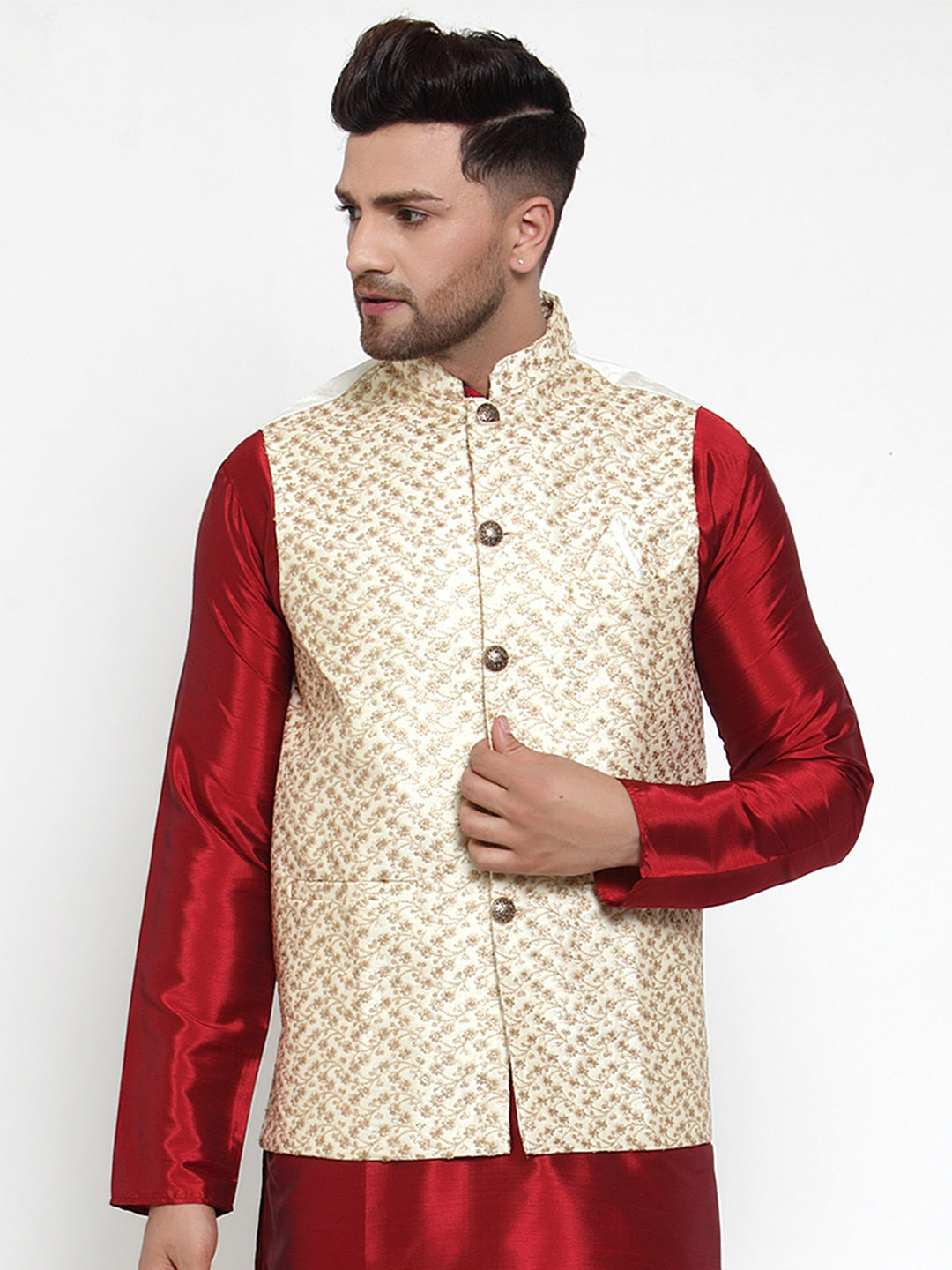 Jompers Men's Beautiful Cream Embroidered Nehru Jacket | Grocsy