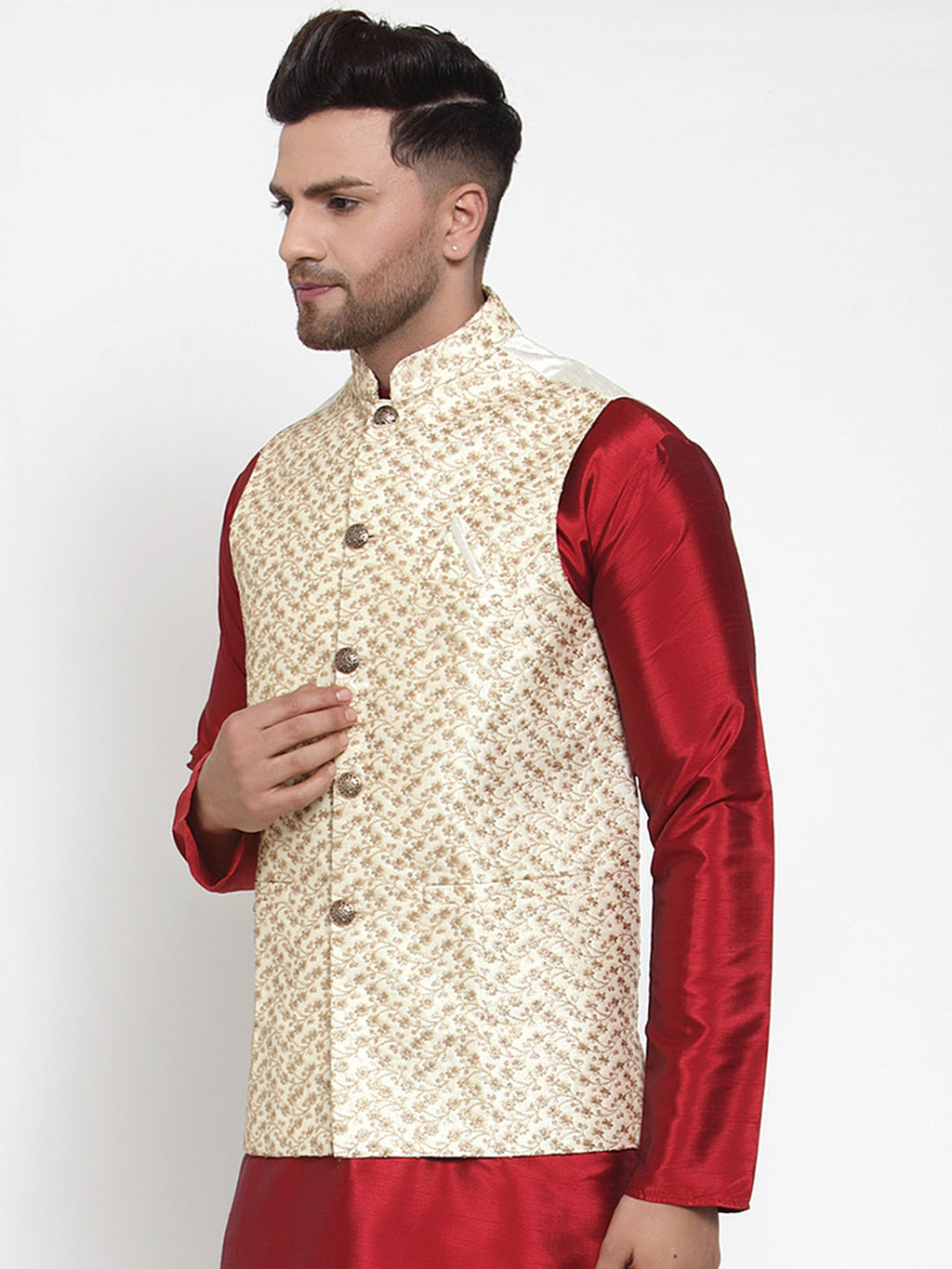 Jompers Men's Beautiful Cream Embroidered Nehru Jacket | Grocsy