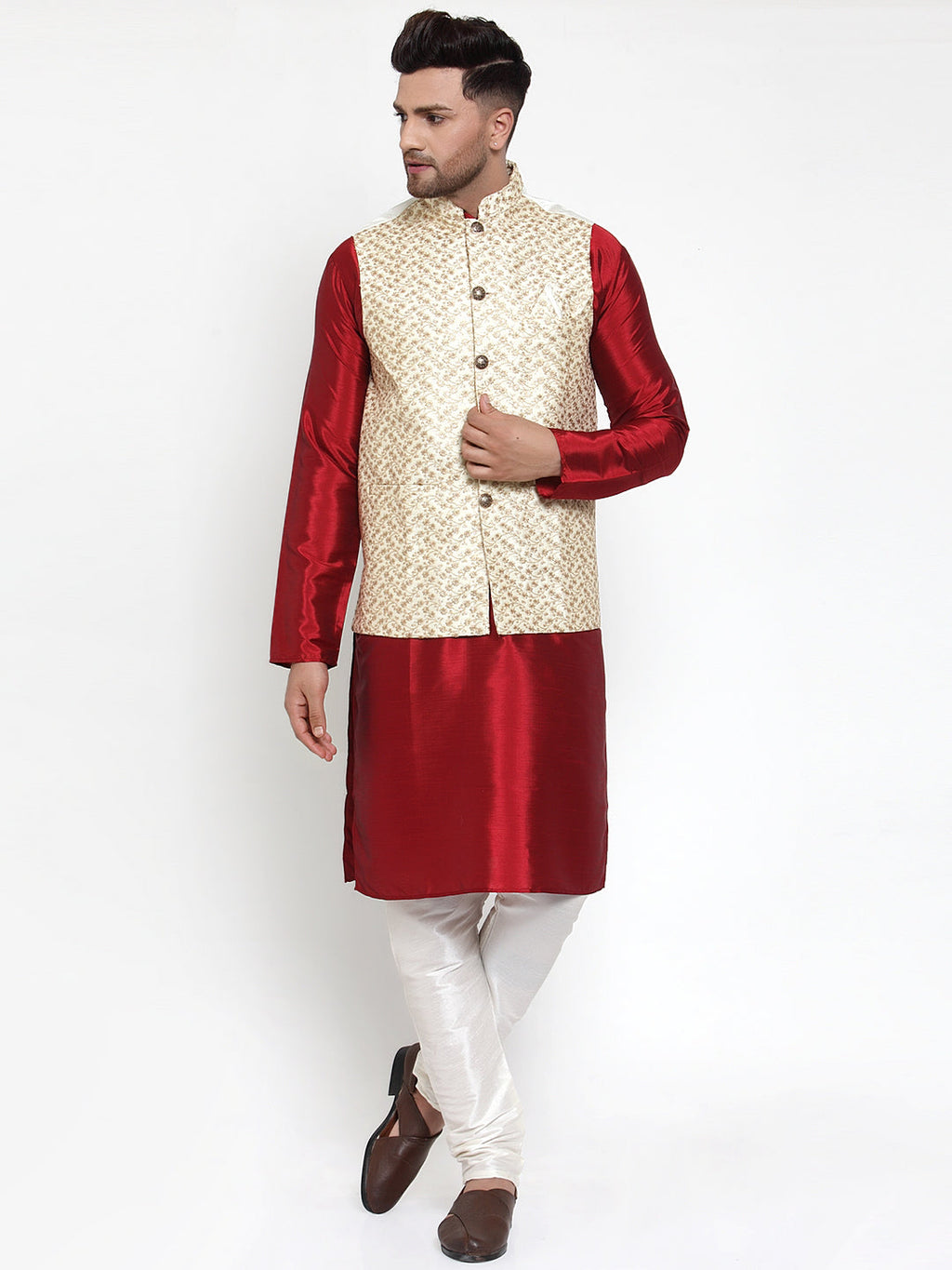 Jompers Men's Beautiful Cream Embroidered Nehru Jacket | Grocsy