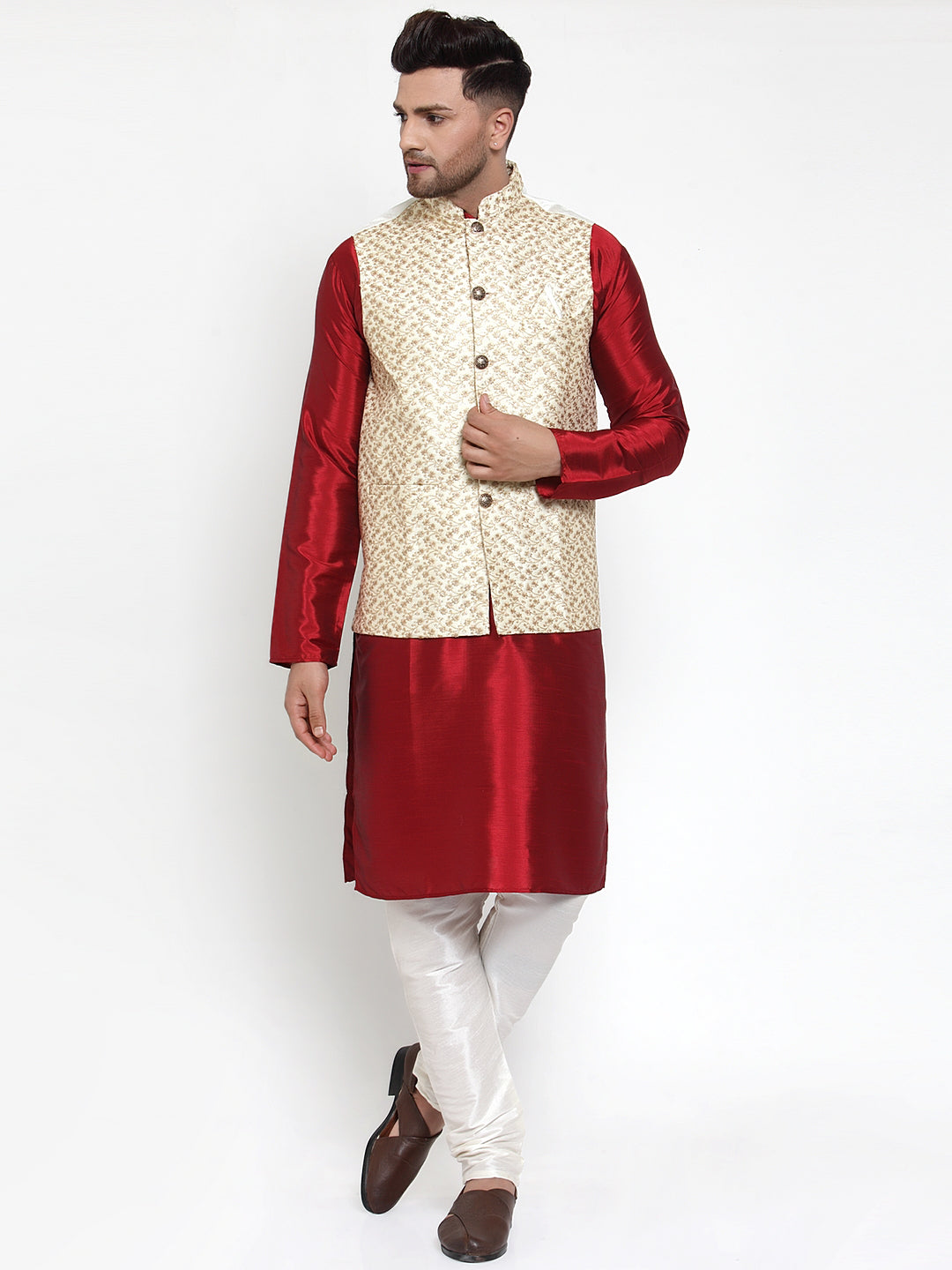 Jompers Men's Beautiful Cream Embroidered Nehru Jacket | Grocsy