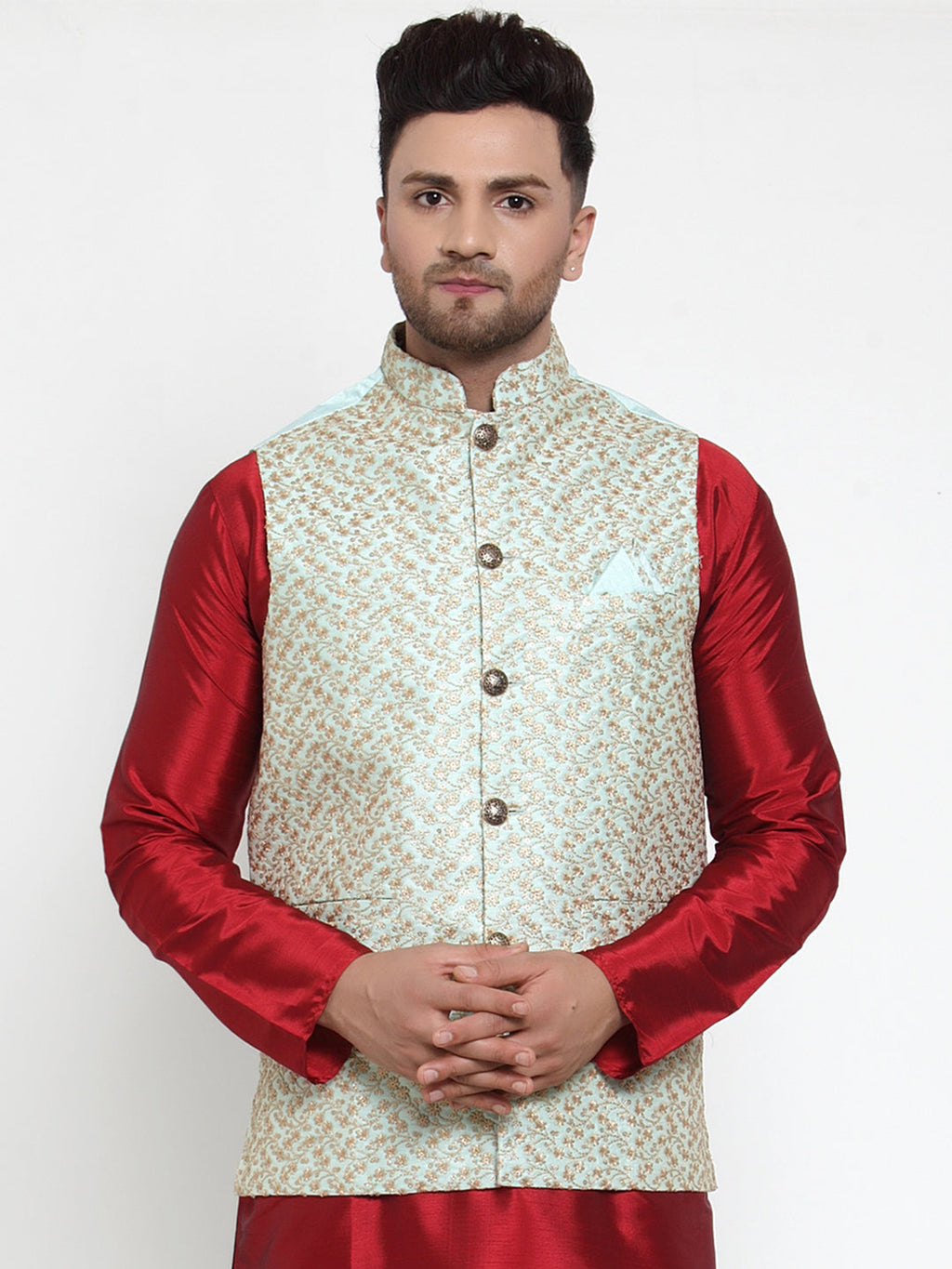 Jompers Men's Beautiful Blue Embroidered Nehru Jacket | Grocsy