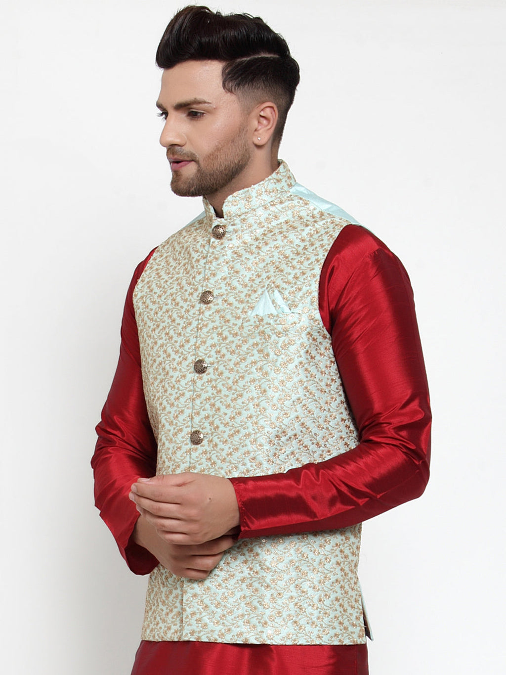 Jompers Men's Beautiful Blue Embroidered Nehru Jacket | Grocsy