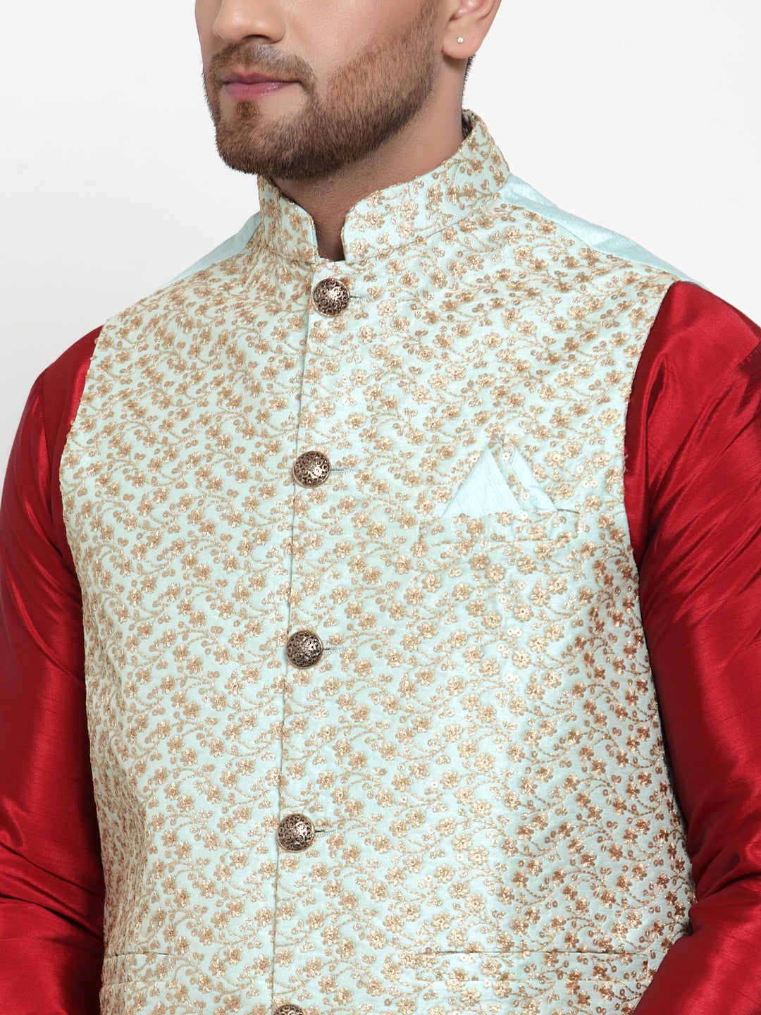 Jompers Men's Beautiful Blue Embroidered Nehru Jacket | Grocsy