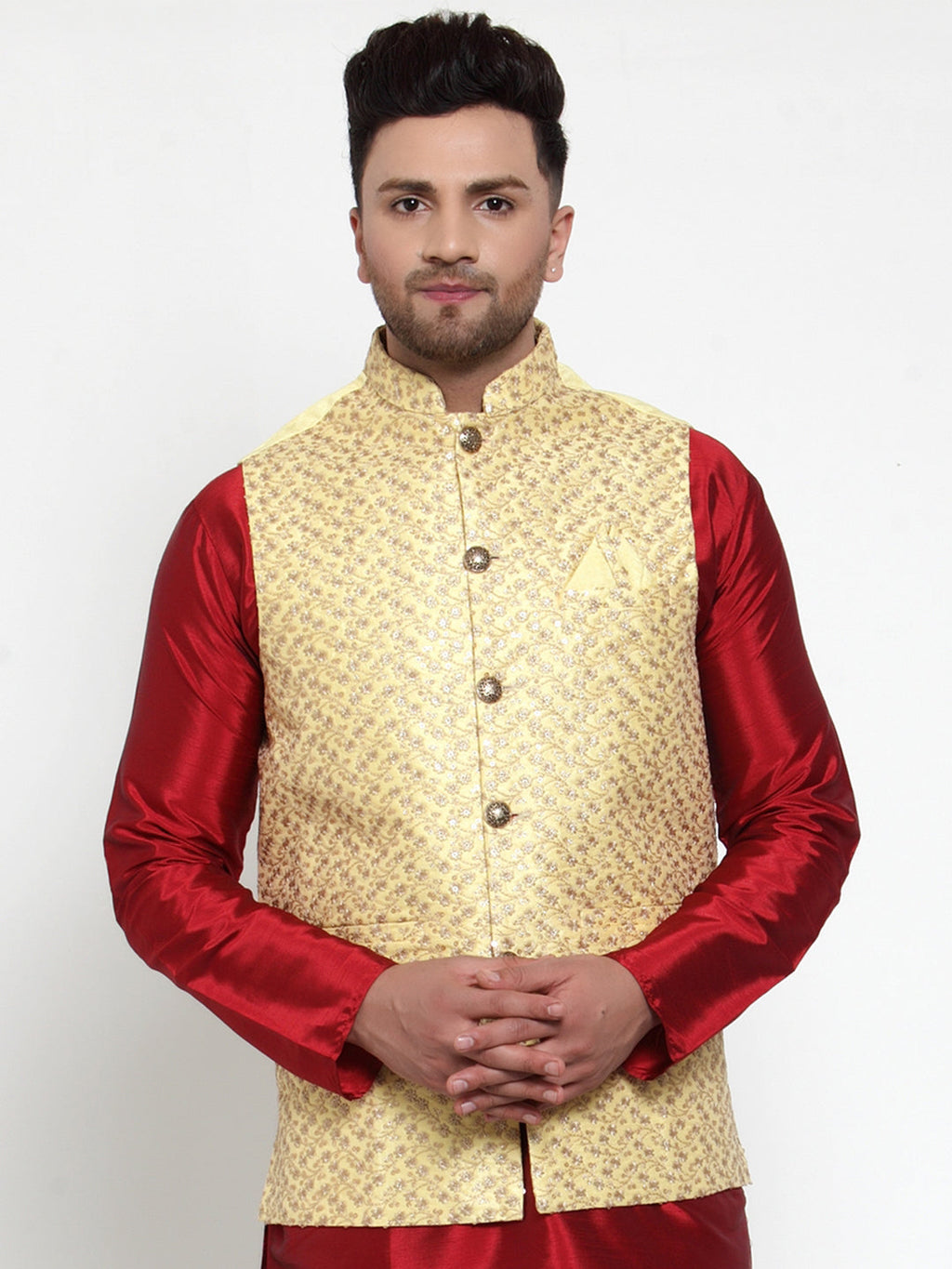 Jompers Men's Beautiful Yellow Embroidered Nehru Jacket | Grocsy
