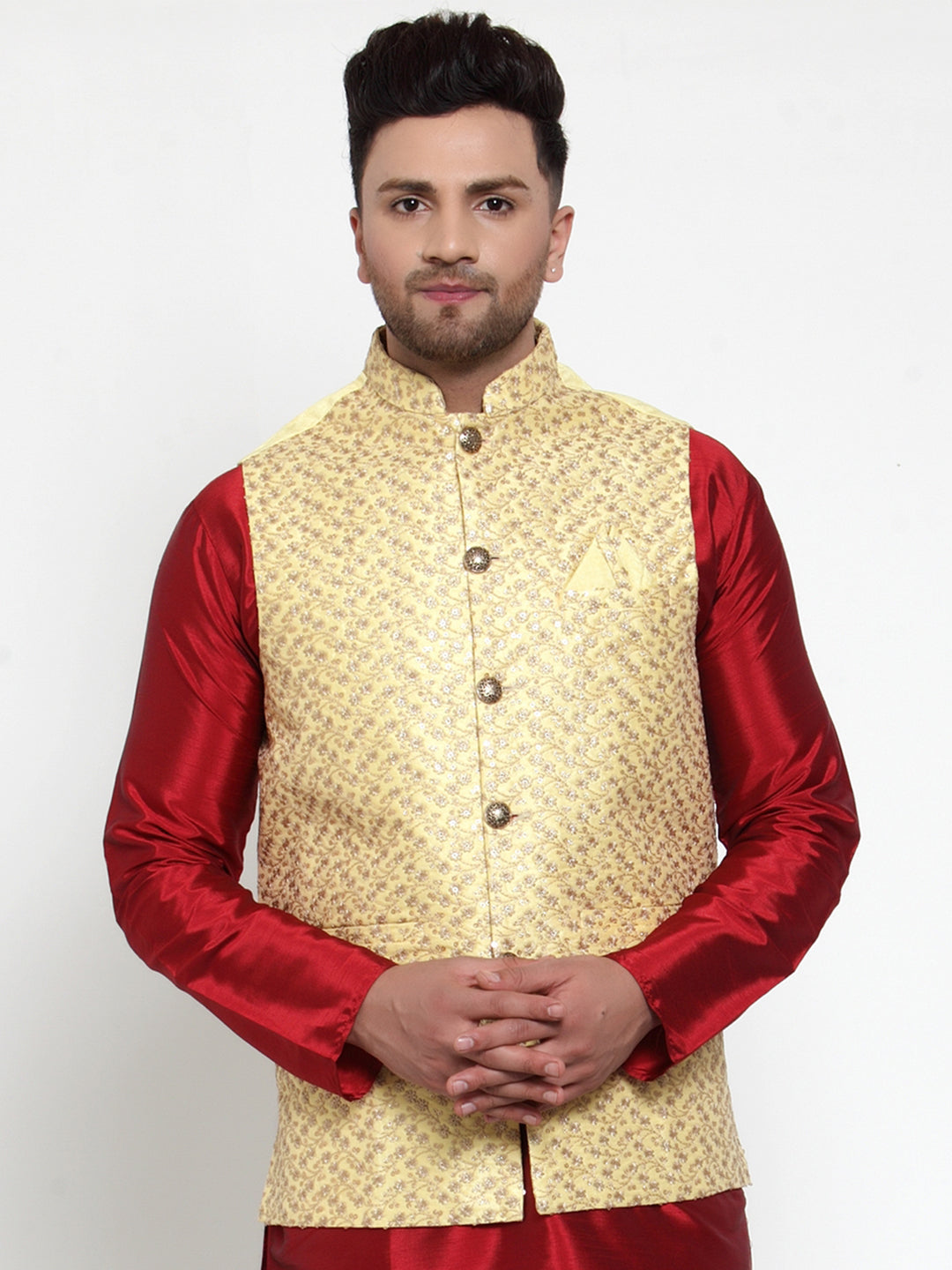 Jompers Men's Beautiful Yellow Embroidered Nehru Jacket | Grocsy