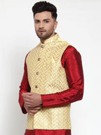 Jompers Men's Beautiful Yellow Embroidered Nehru Jacket | Grocsy