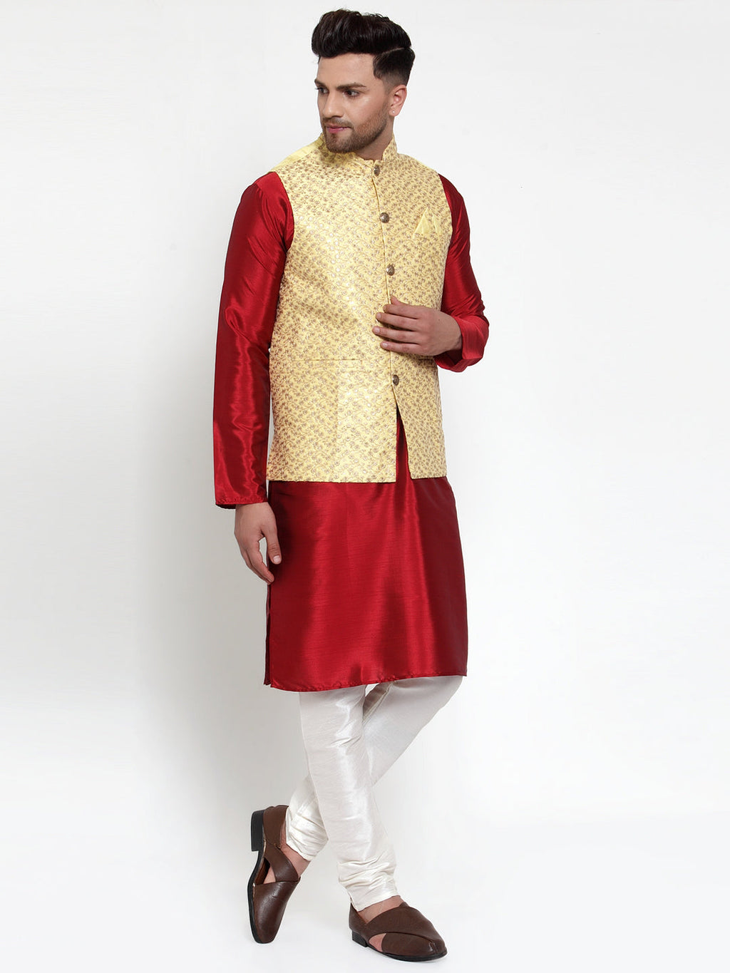 Jompers Men's Beautiful Yellow Embroidered Nehru Jacket | Grocsy