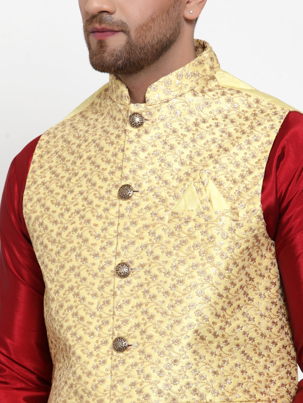 Jompers Men's Beautiful Yellow Embroidered Nehru Jacket | Grocsy