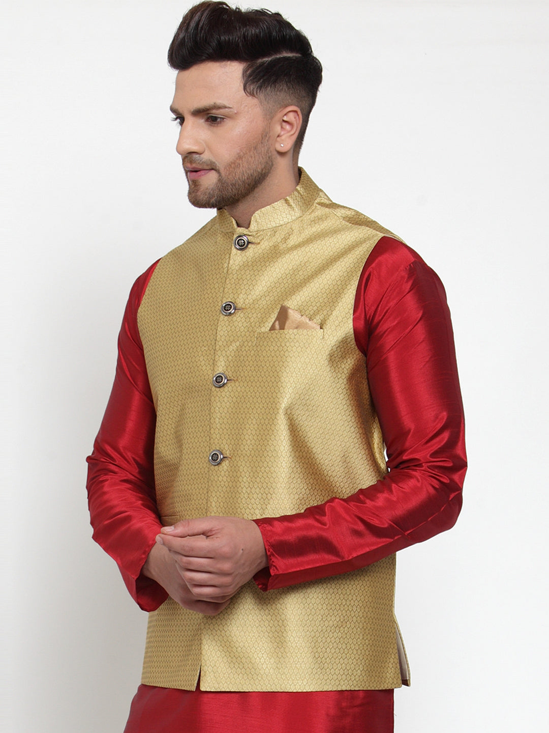 Jompers Men's Gold Woven Jacquard Nehru Jacket | Grocsy