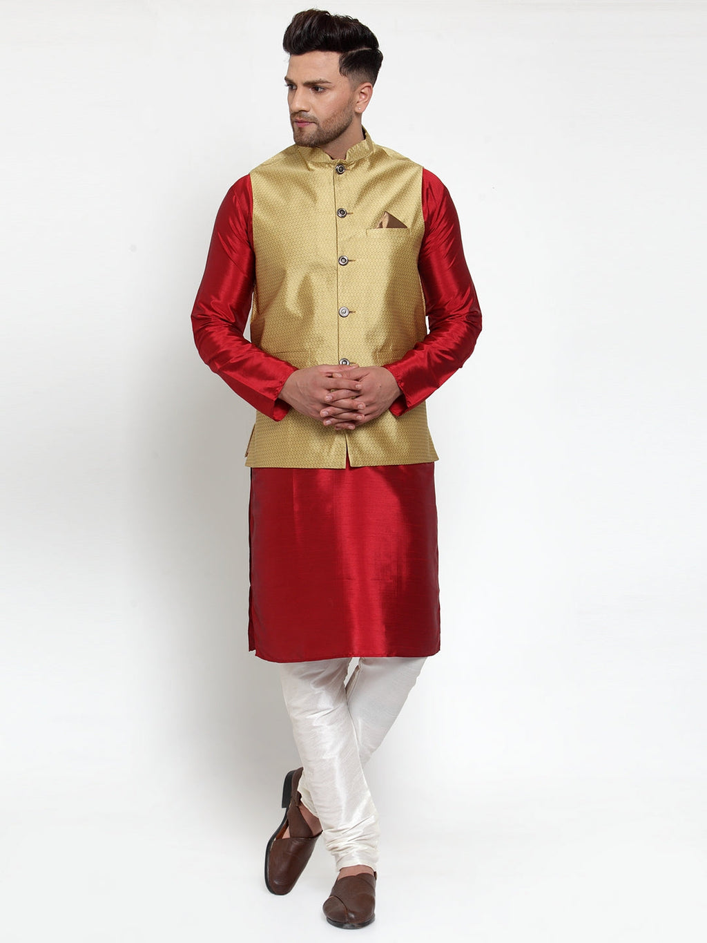 Jompers Men's Gold Woven Jacquard Nehru Jacket | Grocsy