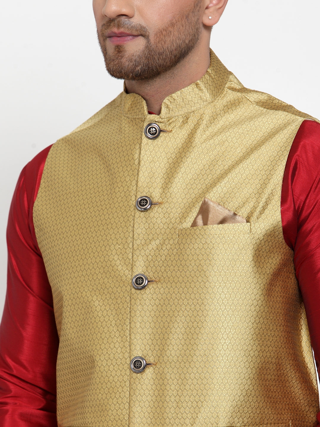 Jompers Men's Gold Woven Jacquard Nehru Jacket | Grocsy