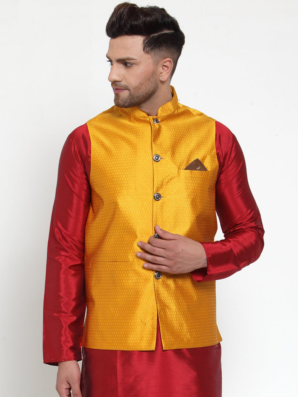 Jompers Men's Yellow Woven Jacquard Nehru Jacket | Grocsy