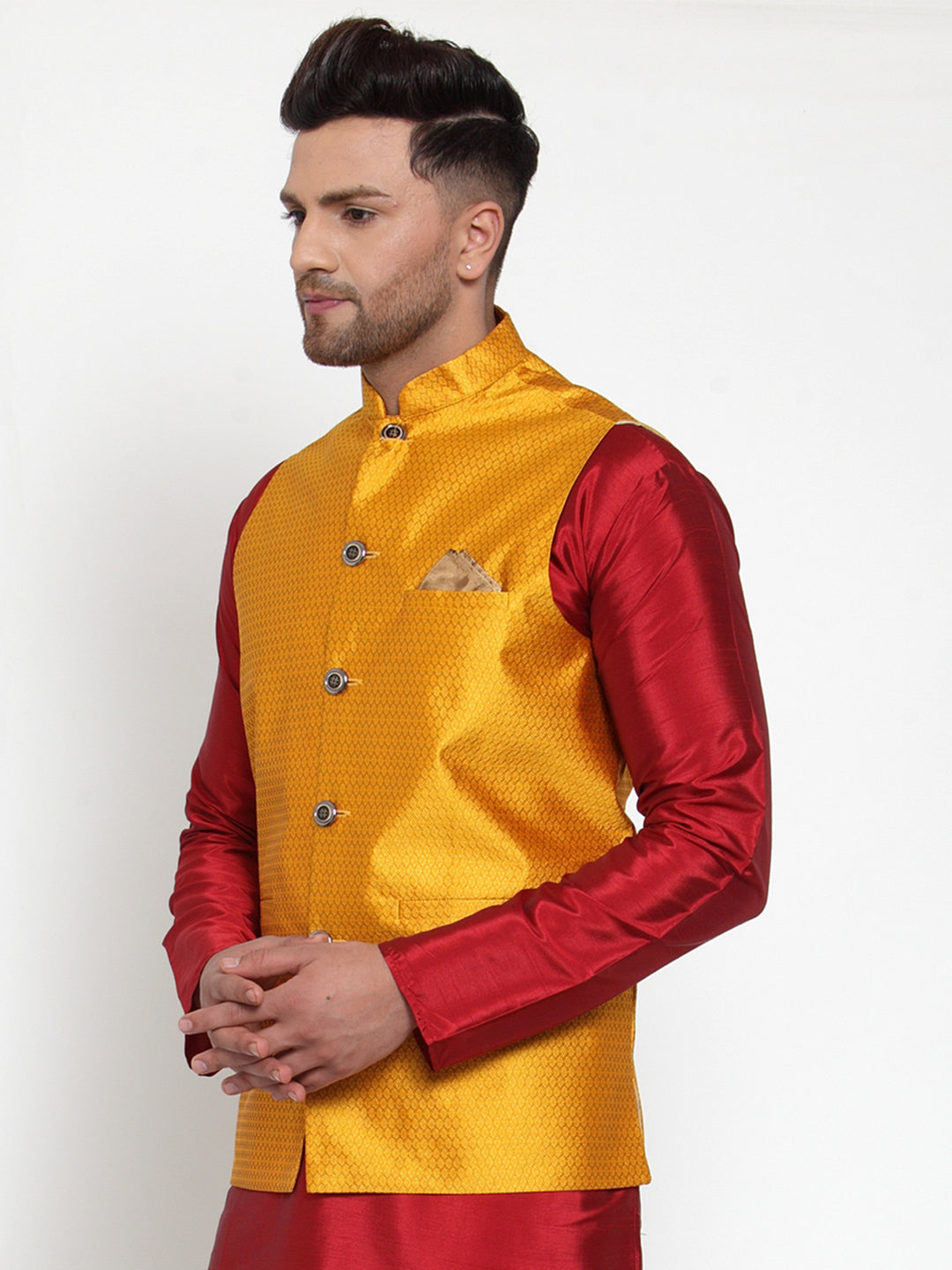 Jompers Men's Yellow Woven Jacquard Nehru Jacket | Grocsy