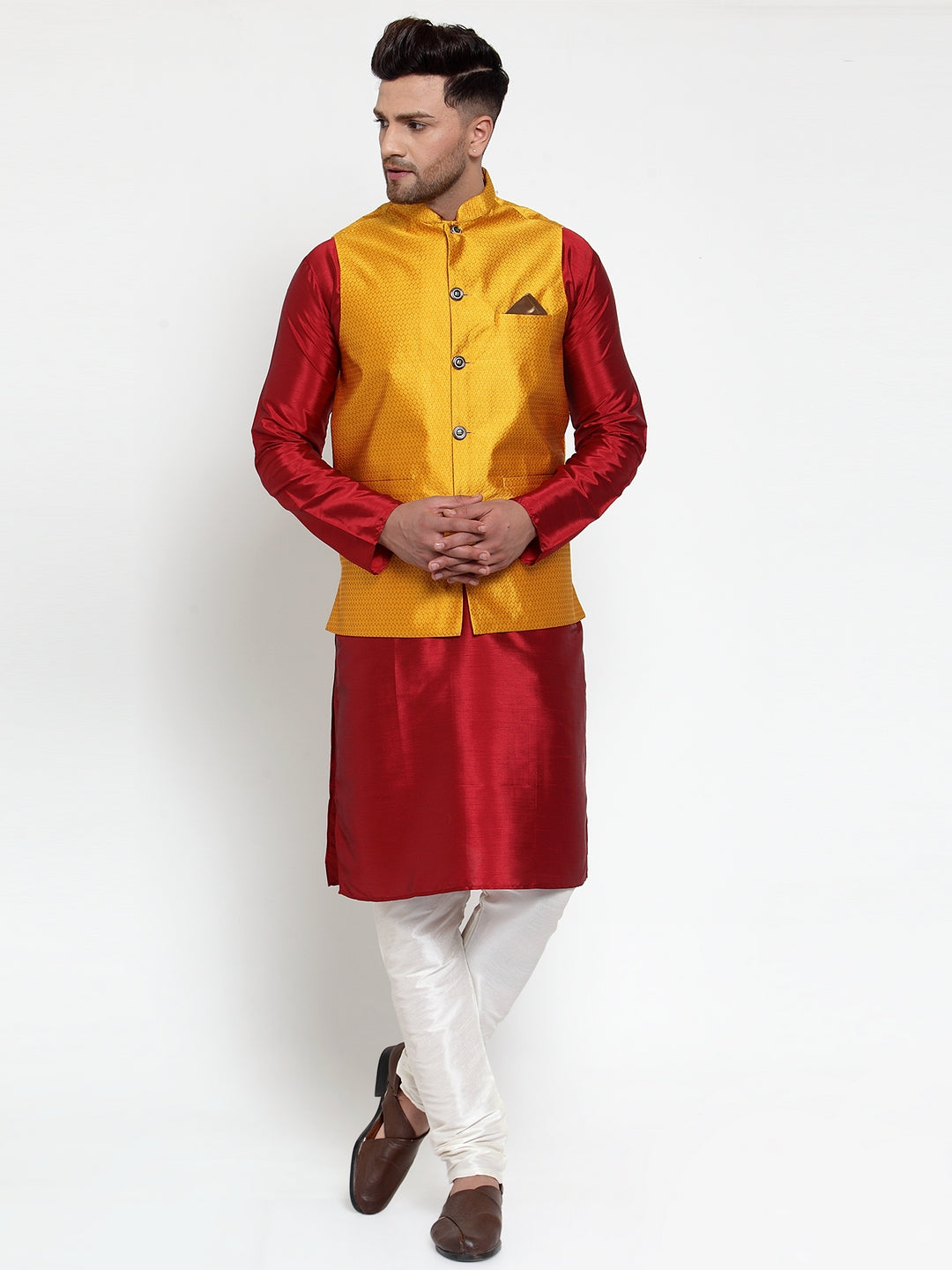 Jompers Men's Yellow Woven Jacquard Nehru Jacket | Grocsy